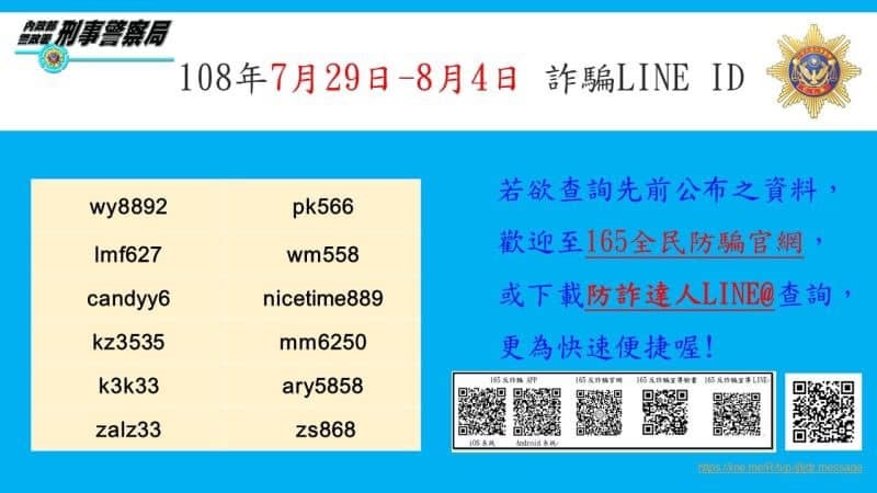 165反詐騙諮詢專線公布「千萬別加好友」的詐騙LINE ID（更新至08/04）